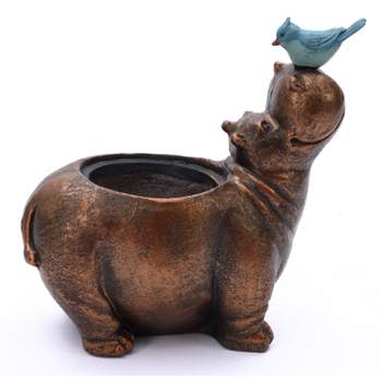 LuxenHome Brown Hippo and Blue Bird MgO Flower Pot Planter