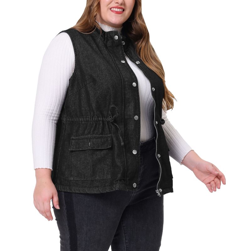 Agnes Orinda Women's Plus Size Utility Anorak Cargo Drawstring Jean Denim Jacket Vest, 2 of 7