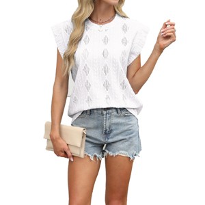 Women's Summer Eyelet Embroidery Cap Sleeve Tops Crew Neck Sleeveless Blouse Casual Beach Tunic - 1 of 4