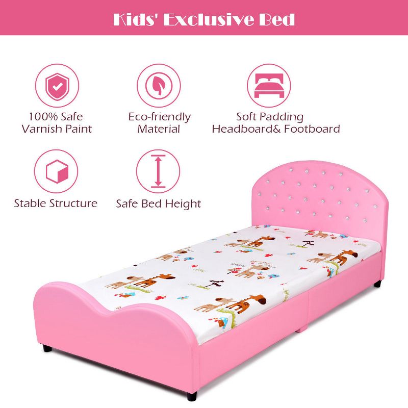 Costway Kids Children PU Upholstered Platform Wooden Princess Bed Bedroom Furniture Pink, 3 of 10
