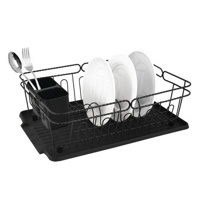 Trio Home Stainless Twist Design 3-Piece Dish Drying Drainer Rack, Removable Utensil Holder and Drainboard - Black/Black Twist