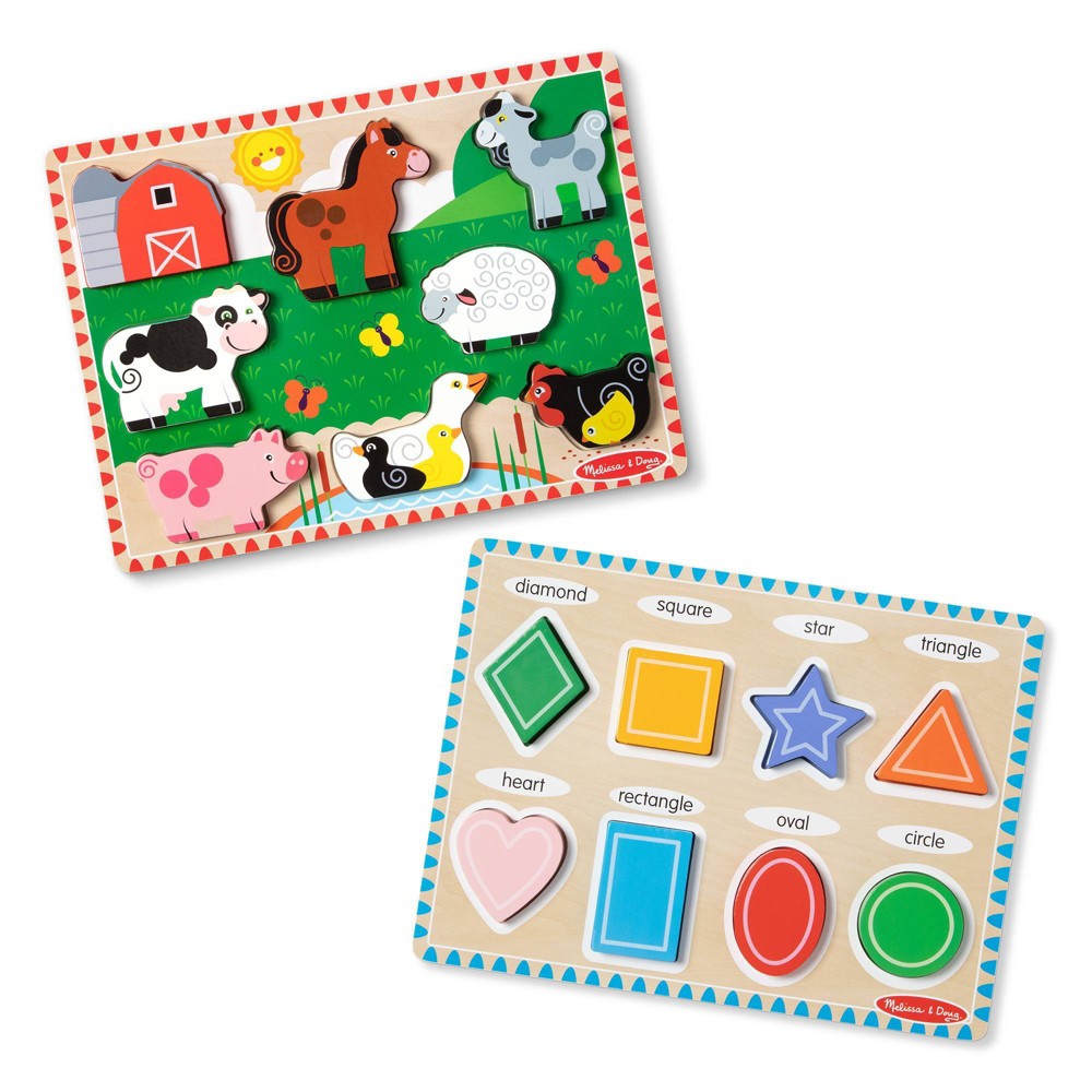 Photos - Jigsaw Puzzle / Mosaic Melissa&Doug Melissa & Doug Chunky Puzzle 2pk - Farm, Shapes: Educational Wooden Puzzles for Toddlers, 8-Piece, Animal Theme 