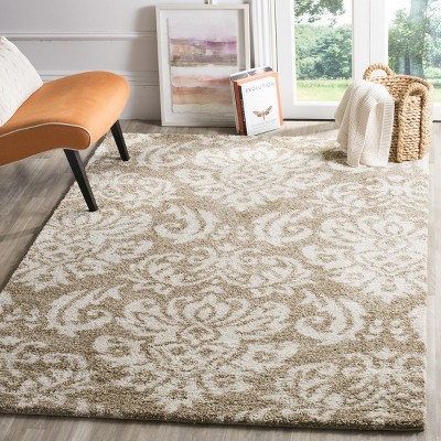 Beige and Cream Floral Shag Synthetic Area Rug