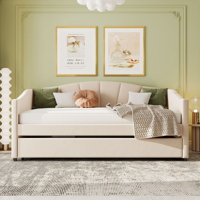 Twin Size Upholstered Daybed with Pull-Out Trundle, Velvet Sofa Bed with Sturdy Wooden Slats-Baofuwish