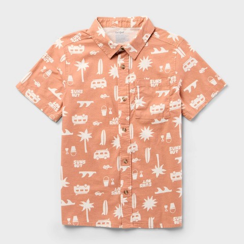 Cat & Jack Boys' Adaptive Woven Short Sleeve Printed Button-Up Shirt - Cat & Jack™ Brown M