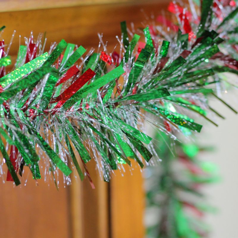 Northlight 12' x 4" Unlit Green/Red Wide Cut Shiny Tinsel Christmas Garland, 5 of 6