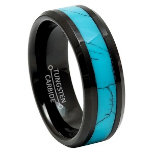 Jewelry Avalanche 8mm Beveled Black IP Blue Turquoise Inlay Tungsten Carbide Mens Wedding Band - 1 of 4