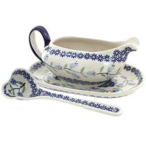 Blue Rose Polish Pottery S119 Manufaktura Gravy Boat Plate & Ladle - 1 of 4