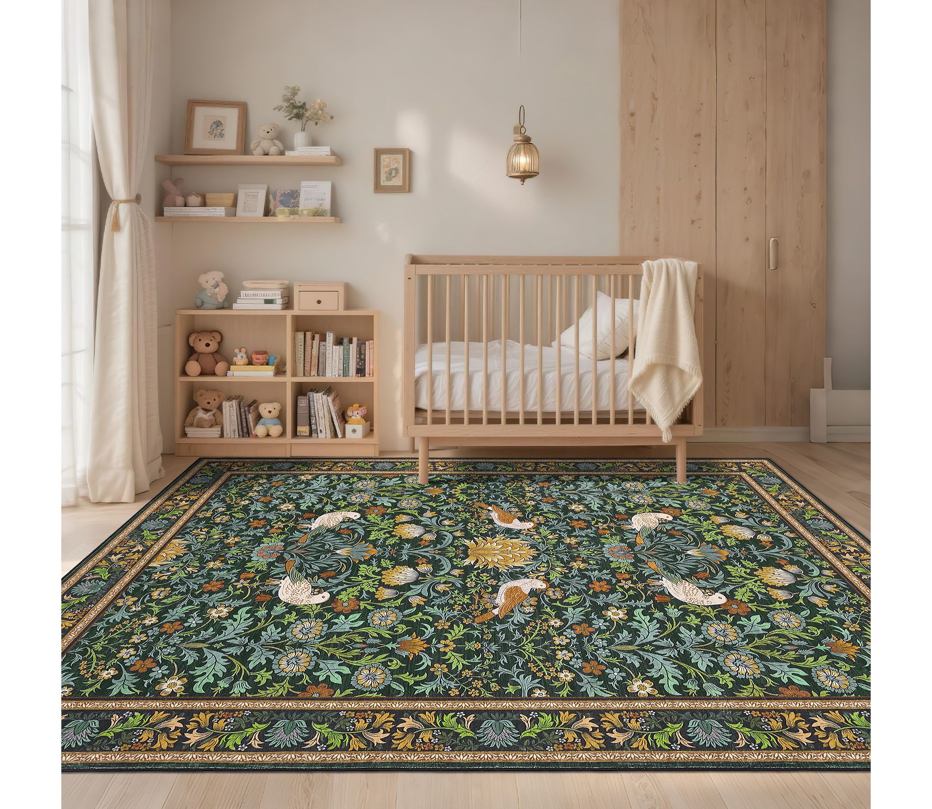 Washable Rug 5x7 Area Rugs for Living Room, Low Pile Non Slip Botanical Animal Print Soft Accent Carpet, Satin Resistant Foldable Floor Mats