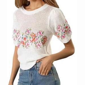 Women's Susan Puff Sleeve Floral Embroidered Crochet Top - lalavon - 1 of 4
