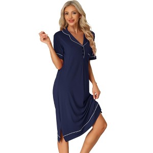 cheibear Women's Summer Collared Button Up Short Sleeves Casual Lounge Nightgowns - 1 of 4