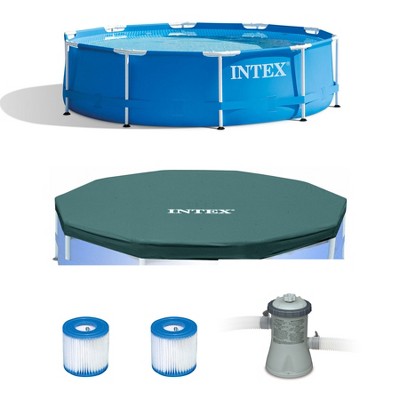 Intex 28200EH 10 x 2.5 Foot Above Ground Pool + 28030E Pool Cover + 29007E Filter Cartridge (2 Pack) + 28601EG 330 GPH Easy Set Filter Pump with GFCI