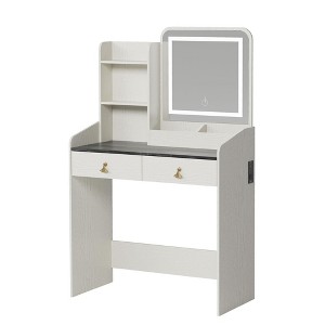 Bedroom Dressing Vanity Desk with LED Lighted Mirror & Charging Station, Makeup Vanity Table Set with Storage Stool, 2 Drawers & 4 Open Shelves - 1 of 1