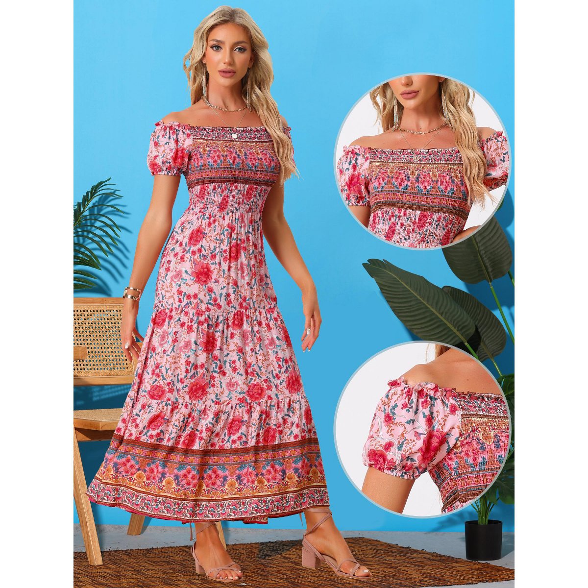 Женские платья INSPIRE CHIC Women's Boho Floral Square Neck Midi Smocked Maxi Dress Medium Pink — фото 2