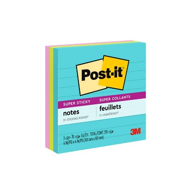 Post-it 3pk 4" x 4" Lined Super Sticky Notes 70 Sheets/Pad - Miami Collection: Multicolor Paper Basics, College Rule