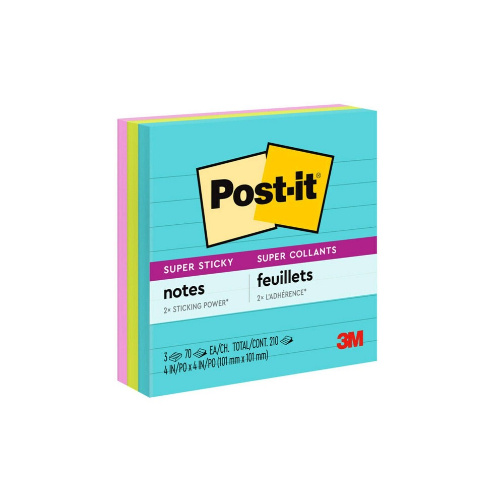 Photos - Desk Organiser Post-it 3pk 4" x 4" Lined Super Sticky Notes 70 Sheets/Pad - Miami Collection: Multicolor Paper Basics, College Rule 