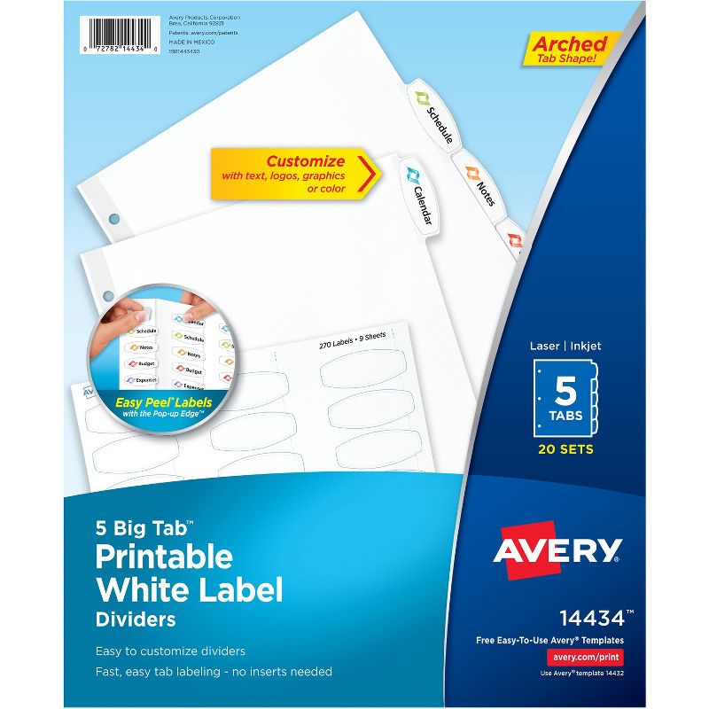 Avery Big Tab White Label Tab Dividers 5-Tab Letter 14434, 1 of 10