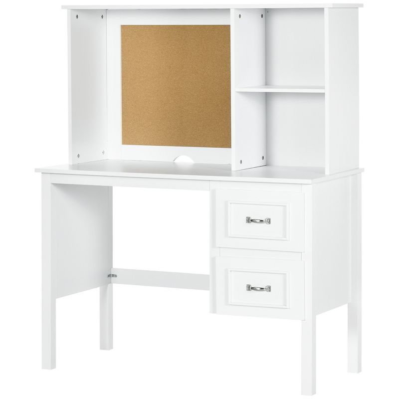 HOMCOM Computer Desk with Drawers & Shelves, Home Office Desk with Storage & Corkboard, Workstation Table with Cable Hole, White, 4 of 7