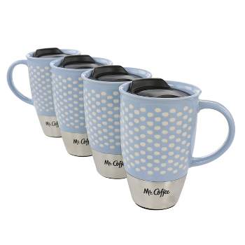 Mr. Coffee Coupleton Dot 4 Piece 15 Ounce Stoneware and Stainless Steel Travel Mug Set with Lid in Blue