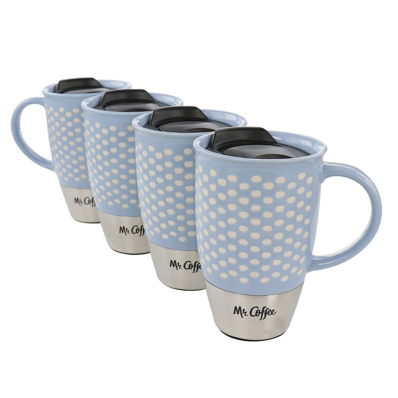 Mr. Coffee Coupleton Dot 4 Piece 15 Ounce Stoneware and Stainless Steel Travel Mug Set with Lid in Blue, 1 of 6