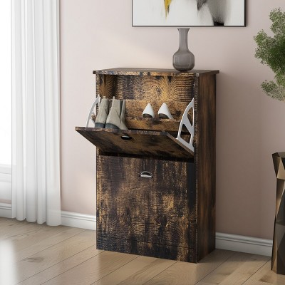 KTMBDW Shoe Storage Cabinet,Farmhouse Shoe Organizer with 2 Flip Drawers,Freestanding Hidden Slim Narrow Shoe Rack Cabinet for Entryway,Foyer,Hallway
