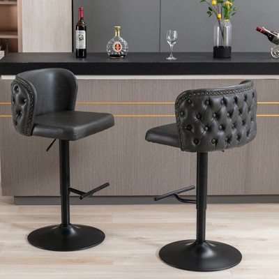 SKRAN PU Leather Swivel Bar Stools Adjustable Counter Stool Set of 2 With  Metal Leg Nailhead Trim, The whole Back Tufted for Home Pub