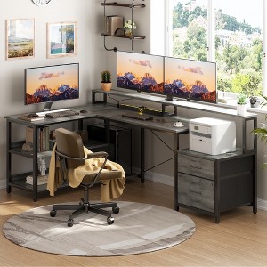 Aheaplus Reversible L-shaped Computer Desk with Drawers, Home Office Desk with Power Outlet and LED Light Strip - 1 of 4