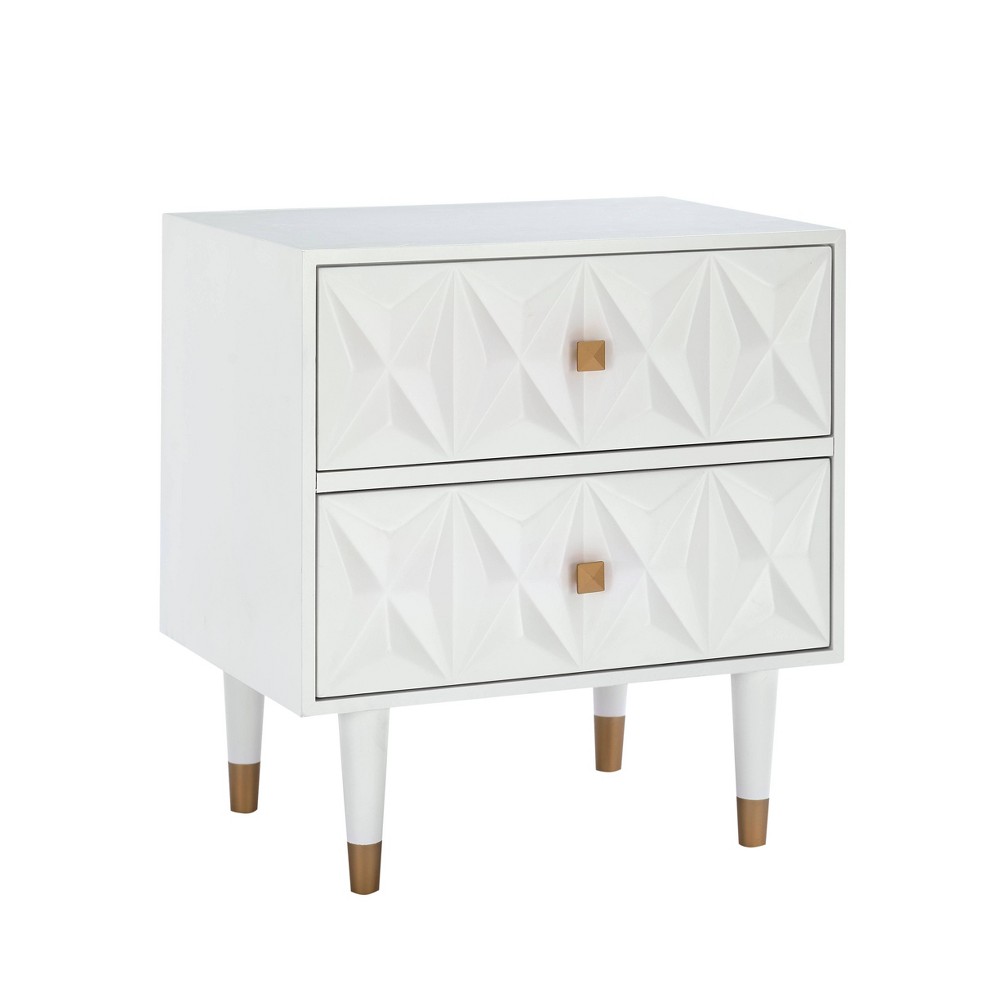 Glam 2 Drawer Geo Textured Nightstand White with Gold Pulls - Linon
