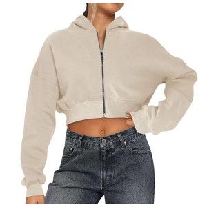 Women Fleece Full Zip Up Cropped Hoodie Sweatshirt 90s Long Sleeve Drawstring Hooded Crop Jacket Top with Pockets - 1 of 4