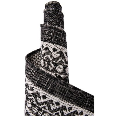 Charcoal Gray and Ivory 8 ft Square Outdoor Aztec Rug