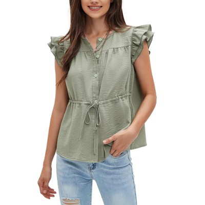 EXLURA Womens Button Down Blouses Casual Ruffle Cap Sleeve Crewneck Summer Peplum Drawstring Tops