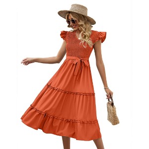 Women's Summer Casual Dresses Cap Ruffle Sleeveless V Neck Smocked Flowy Beach Sundress Belted Tiered Boho Maxi Dress - 1 of 4