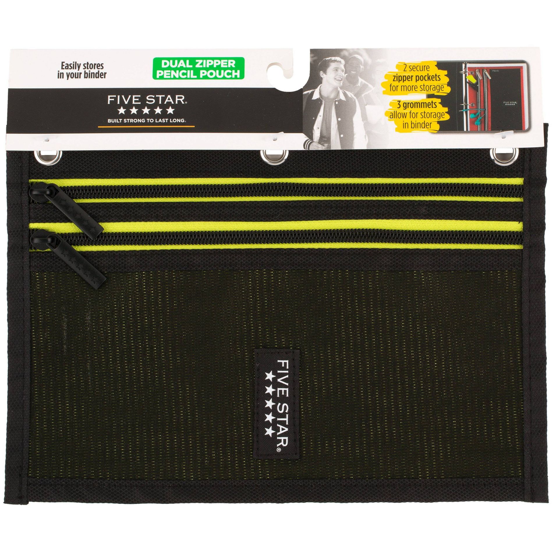 Five Star Dual Zipper Pencil Pouch - Black: Binder Pencil Bag, Zippered Pouch, Polyester, 10" x 7"