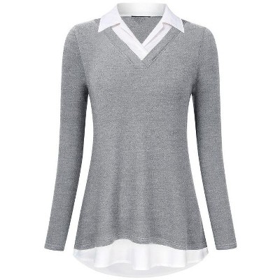 Coolmee Women's Contrast Collared Shirts Long Sleeve Patchwork Work Blouse Tunics Tops