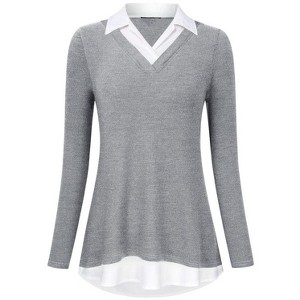 Coolmee Women's Contrast Collared Shirts Long Sleeve Patchwork Work Blouse Tunics Tops - 1 of 4