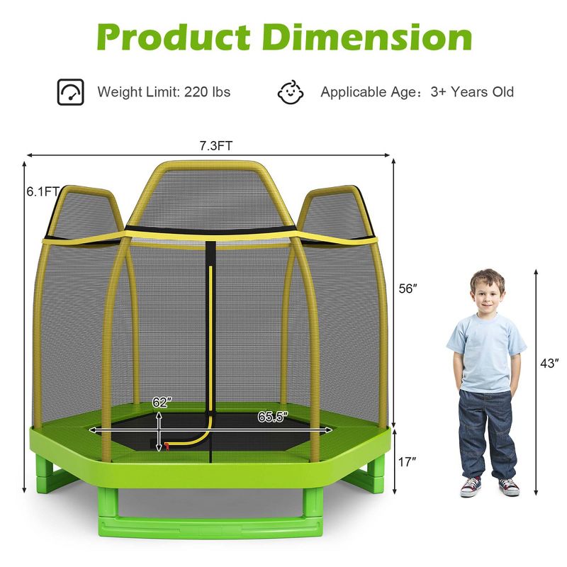 Costway 7 FT Kids Trampoline with Safety Enclosure Net Spring Pad Indoor Outdoor Heavy Duty Yellow/Blue/Green, 3 of 11