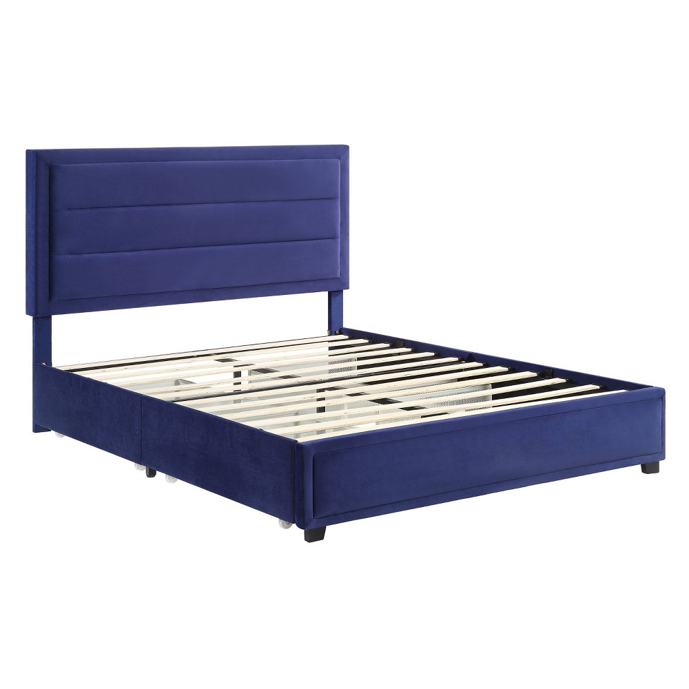 Photos - Bed Frame Full Ekali Upholstered Platform Bed with 4 Side Drawers Navy - miBasics