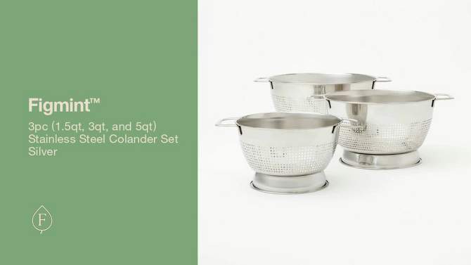 3pc (1.5qt, 3qt, and 5qt) Stainless Steel Colander Set Silver - Figmint&#8482;, 2 of 5, play video