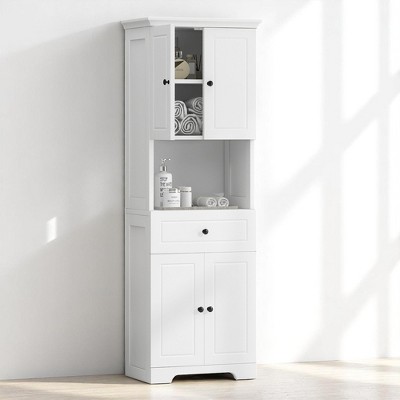 Tall Bathroom Storage Cabinet with 4 Doors, 1 Drawer, Open Shelf & Adjustable Storage, Anti-Tip Design, Black, 16.1" Wide