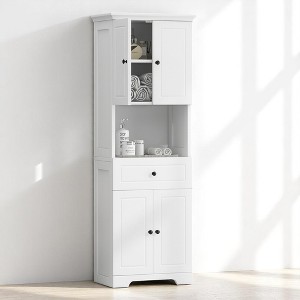 Tall Bathroom Storage Cabinet with 4 Doors, 1 Drawer, Open Shelf & Adjustable Storage, Anti-Tip Design, Black, 16.1" Wide - 1 of 4