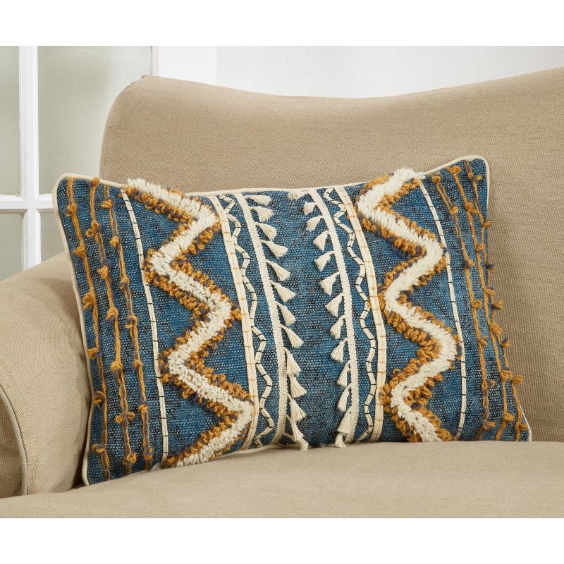 Saro Lifestyle Block Print Embroidered Pillow - Poly Filled, 16"x24" Oblong, Blue, 3 of 4