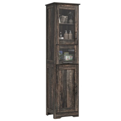 Slim Bathroom Cabinet Tall Narrow Storage Cabinet With Glass Doors And Shelf Freestanding Linen Cabinet For Kitchen Living Room Dark Oak Target