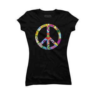 Junior's Design By Humans Cool Retro Flowers Peace Sign By ddtk T-Shirt - 1 of 3