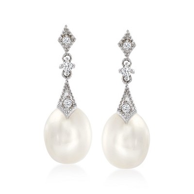 Ross-Simons 8mm Cultured Pearl and .10 ct. t.w. Diamond Drop Earrings in 14kt White Gold