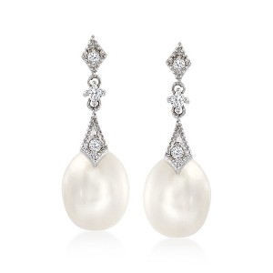 Ross-Simons 8mm Cultured Pearl and .10 ct. t.w. Diamond Drop Earrings in 14kt White Gold - 1 of 3