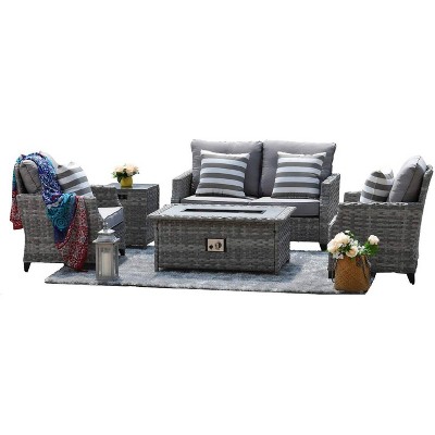 5pc Patio Wicker Conversation Set with Fire Pit - Direct Wicker