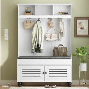 Acekool Hall Tree with Storage, Entryway Bench, Coat Rack, Shoe Cabinet & 4 Hooks, Cushioned Mudroom Organizer, 47.2"W White - 1 of 4
