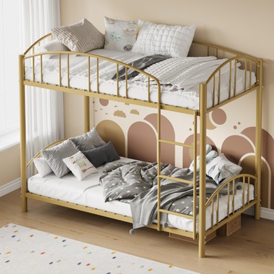 Twin Over Twin Bunk Bed with Stairs, Arched Guardrail & Sturdy Metal Slats, Space-Saving for Kids & Dorms