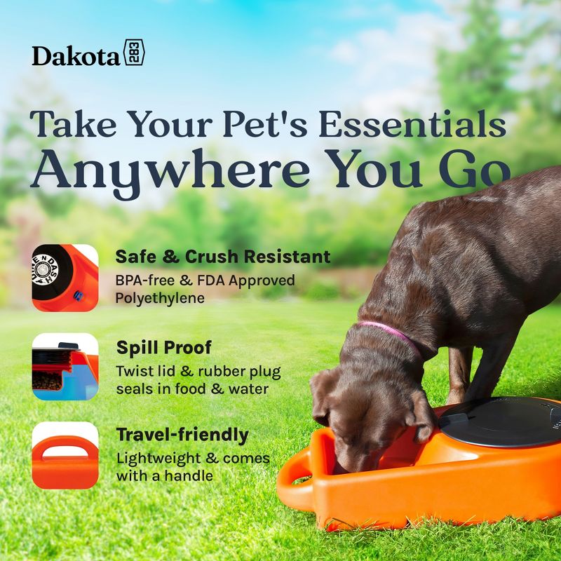 Dakota 283 Dine N Dash Weatherproof Large On-the-Go Travel Feeding and Water Storage System Pet Bowl with 8'' Twist Lid, Orange, 3 of 7