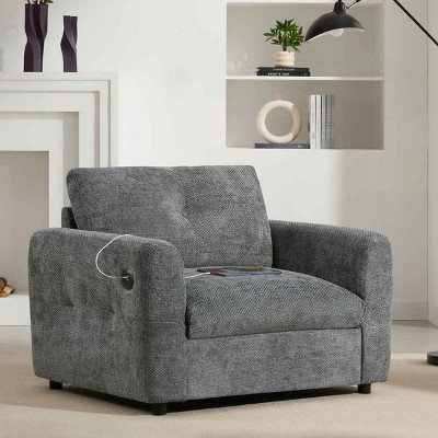 Single Accent Chair with Wide Seat and Tufted Back, Arrmrest Sofa with Dual-Port Charger, Chenille Chair with Wood Frame-Coolbibila